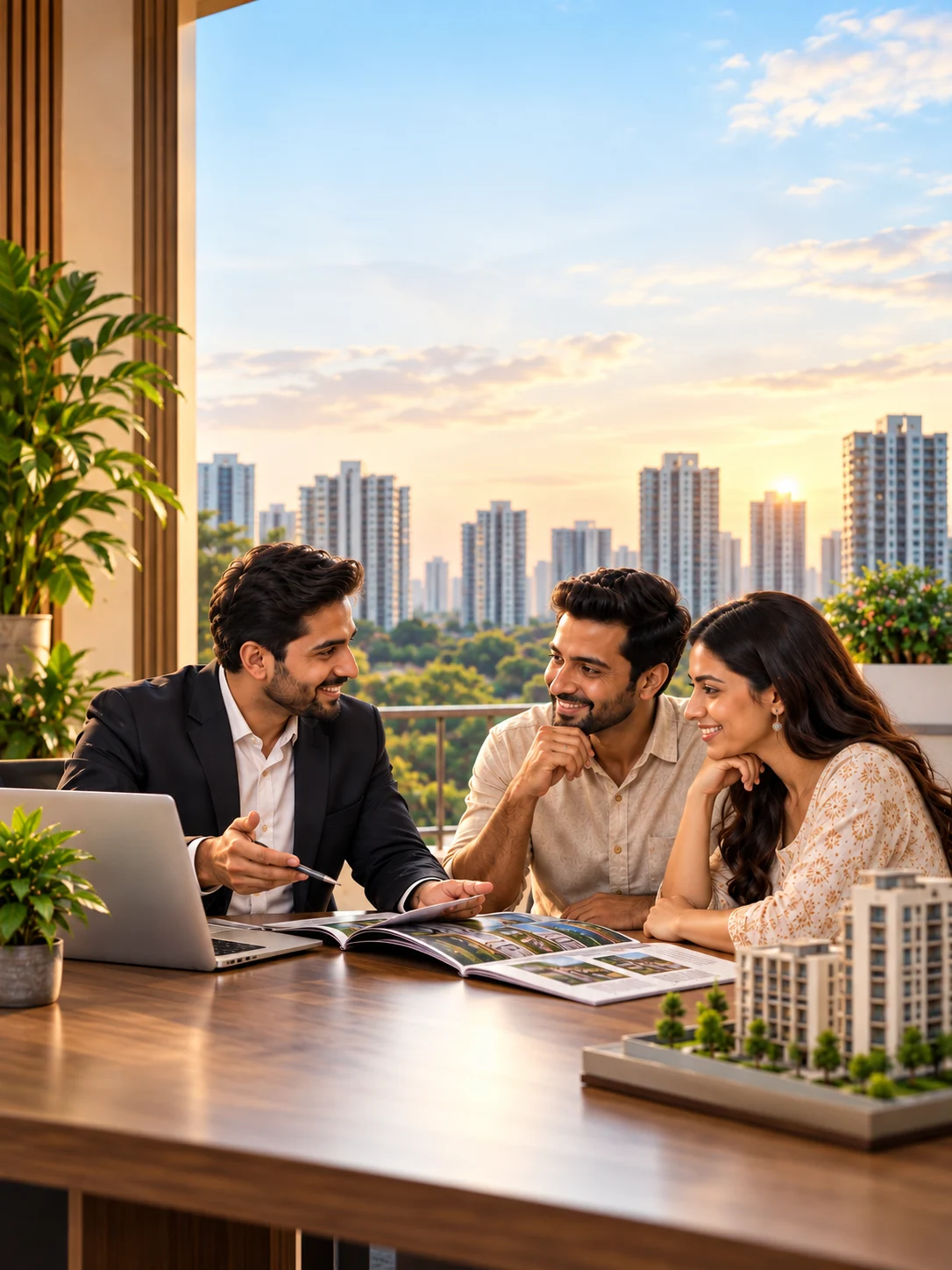 A property advisor going through project brochures with a couple at a desk, high-rise towers visible beyond the window